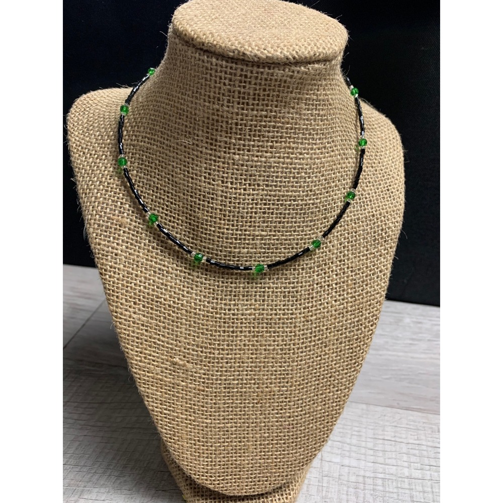Handmade Beaded Choker Necklace Black Bugle Green Glass Beads 16" Silver Tone